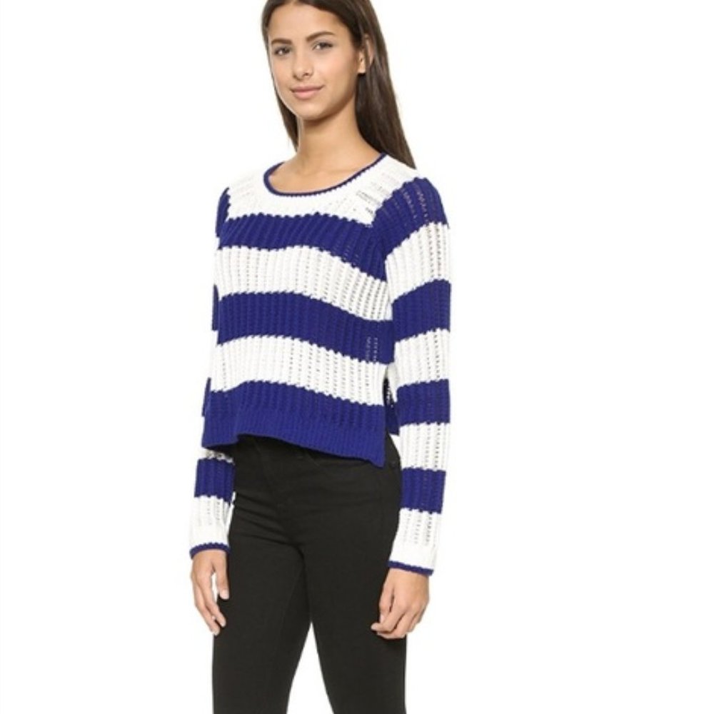 Elizabeth and James Striped Open Knit Sweater Blue